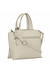 Sac à main beige en simili cuir, doté de deux poignées, d'une bandoulière ajustable, d'une poche zippée à l'avant et de accents matériels minimalistes.