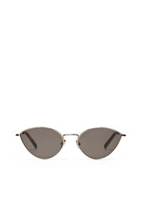 Cat-eye sunglasses with dark grey lenses and thin metallic frames. Features a minimalistic design and smooth, glossy surface.