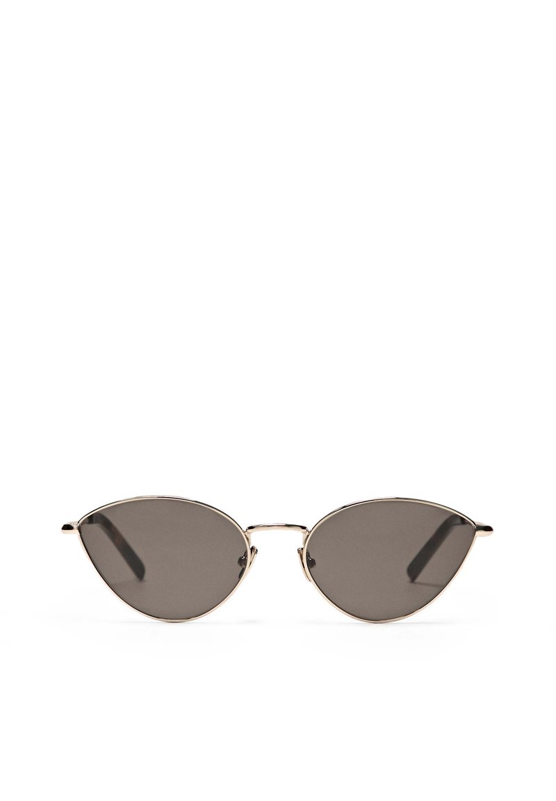Cat-eye sunglasses with dark grey lenses and thin metallic frames. Features a minimalistic design and smooth, glossy surface.