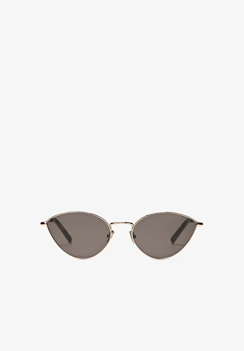 Cat-eye sunglasses with dark grey lenses and thin metallic frames. Features a minimalistic design and smooth, glossy surface.