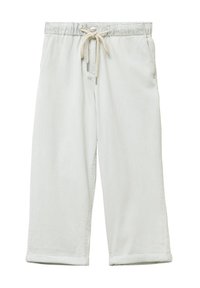 Lichtgrijze katoenen broek met een trekkoord in de taille, losse pasvorm en opgerolde mouwen. Voorzien van zakken en een zachte, gladde textuur.