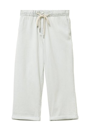 Light gray cotton pants with a drawstring waistband, loose fit, and rolled cuffs. Features pockets and a soft, smooth texture.