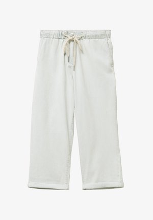 Light gray cotton pants with a drawstring waistband, loose fit, and rolled cuffs. Features pockets and a soft, smooth texture.