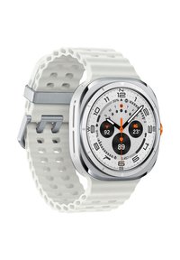 Square smartwatch with a white silicone strap featuring cut-out design, silver metal accents, and a digital display with black and orange details.