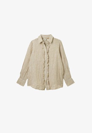 Gestreifte Bluse in Beige und Braun, mit gerafftem Vorderteil, kragenförmigem Ausschnitt und langen Ärmeln mit Manschettendetails.