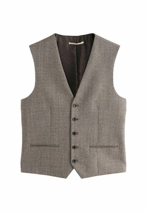 Vest pentru bărbați din tweed maro, cu decolteu în V, șase nasturi, două buzunare frontale și interior căptușit. Țesătură texturată cu un model subtil.