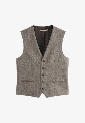 Herren brauner Tweed-Weste mit V-Ausschnitt, sechs Knöpfen, zwei Fronttaschen und gefüttertem Innenbereich. Strukturierter Stoff mit dezentem Muster.