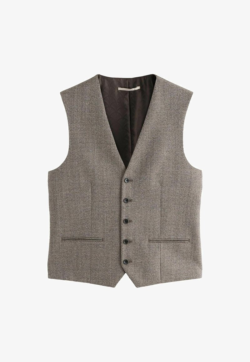 Chaleco marrón de tweed para hombre con escote en V, seis botones, dos bolsillos delanteros y un interior forrado. Tejido texturizado con un patrón sutil.