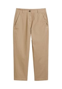 Pantaloni in cotone beige con design a gamba dritta, dotati di due tasche anteriori e chiusura a bottone singolo in vita.