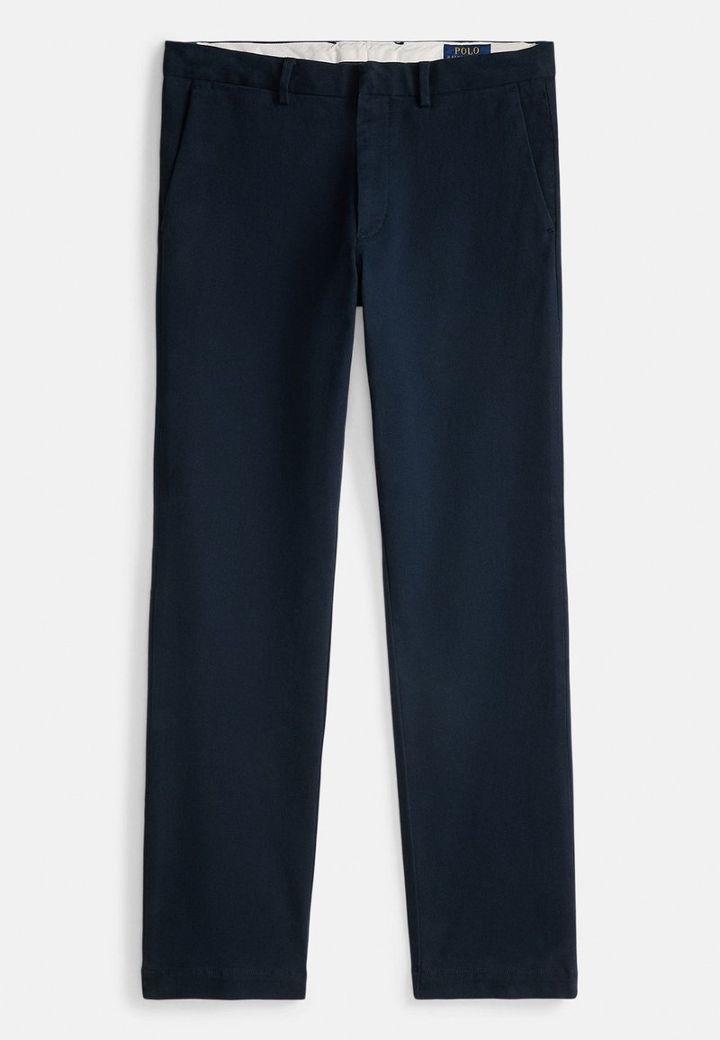 Pantaloni chinos blu navy con design a gamba dritta, dotati di tasche anteriori oblique, passanti per cintura e fodera interna bianca.