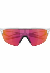 Gafas de sol deportivas con un marco blanco y grandes lentes de color rosa, que presentan un puente negro y un diseño lateral único para ventilación.