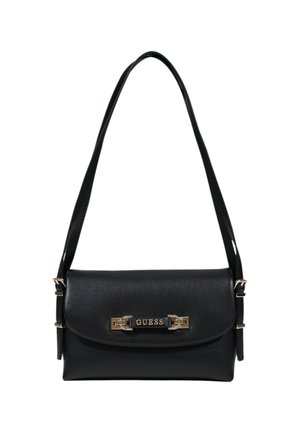 Borsa a tracolla in ecopelle nera con patta arrotondata, hardware argento e logo "GUESS" sul davanti. Tracolla regolabile per versatilità.