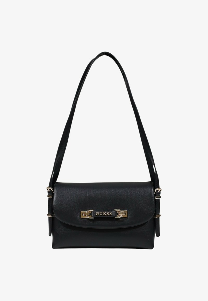 Borsa a tracolla in ecopelle nera con patta arrotondata, hardware argento e logo "GUESS" sul davanti. Tracolla regolabile per versatilità.