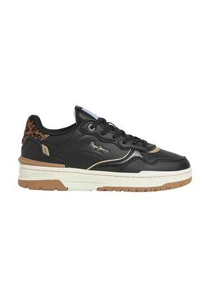 Sneaker in pelle nera con dettagli in stampa leopardata, pannelli laterali testurizzati e suola intermedia bianca. Presenta un design con lacci e suola esterna in gomma texturizzata.