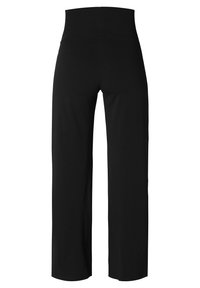 Czarne szerokie spodnie wykonane z miękkiego, elastycznego materiału z wysokim pasem. Widok z tyłu pokazuje gładki, nieozdobiony fason.