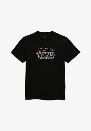 Czarna bawełniana koszulka z krótkim rękawem z centralnym, wielokolorowym logo "VANS OFF THE WALL" z dekoracyjnymi akcentami graficznymi.