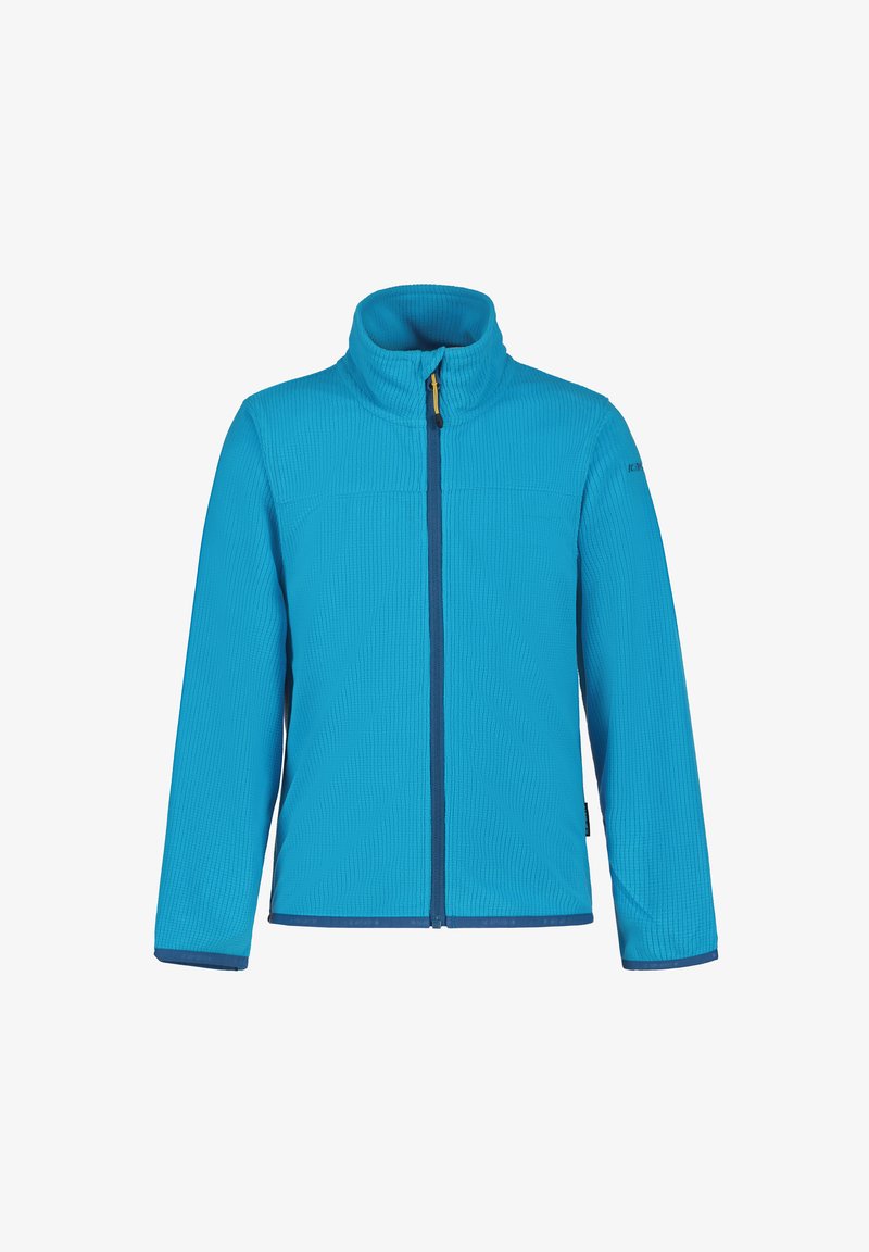 Fleece jacket in bright blue with a high collar, full zip, and contrasting zipper. Features textured fabric and blue accent at cuffs.