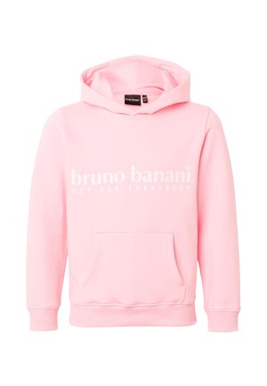 Hellrosa Kapuzenpullover mit Fronttasche und Kapuze, mit weißem "bruno banani NOT FOR EVERYBODY" Schriftzug quer über der Brust.