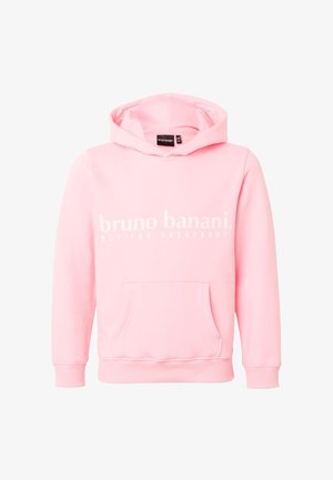 Jasnoróżowa bluza z kapturem i kieszenią z przodu, z białym napisem "bruno banani NOT FOR EVERYBODY" na wysokości klatki piersiowej.