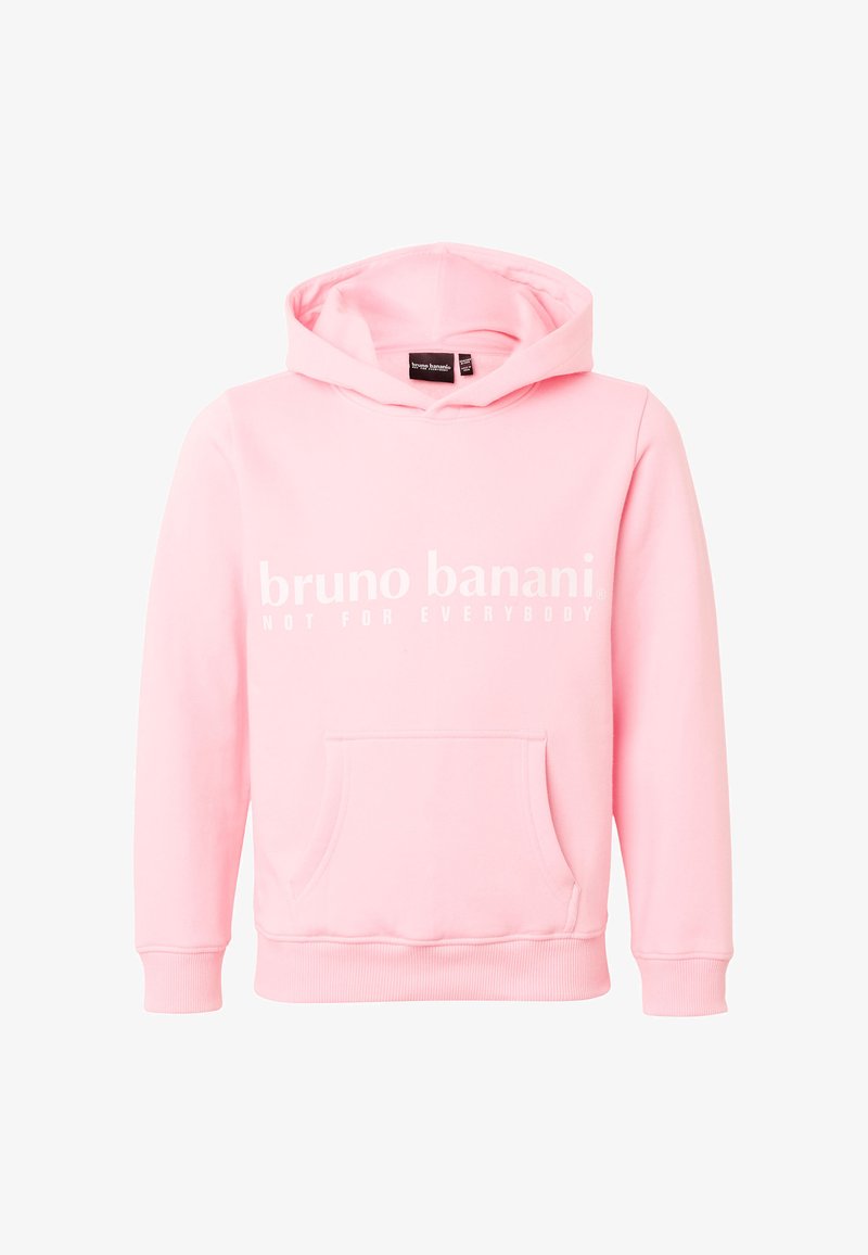 Sweat à capuche rose clair avec poche frontale et capuche, arborant un texte blanc "bruno banani NOT FOR EVERYBODY" sur la poitrine.