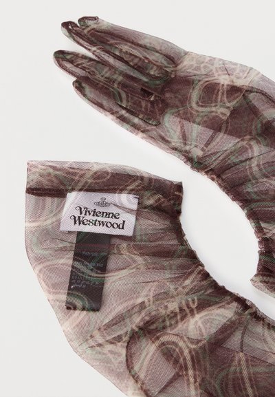 Gants légers à motifs dans des tons marron et vert atténués avec une étiquette de marque Vivienne Westwood visible sur le poignet en tissu.