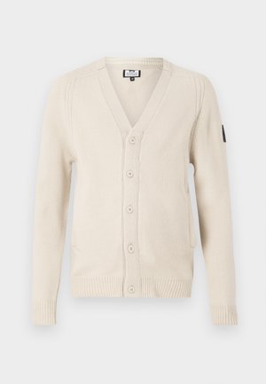 Beige kardigan s výstřihem do V, s žebrovanými manžetami a lemem. Obsahuje šest předních knoflíků a boční kapsu. Vyrobeno z pletené látky.