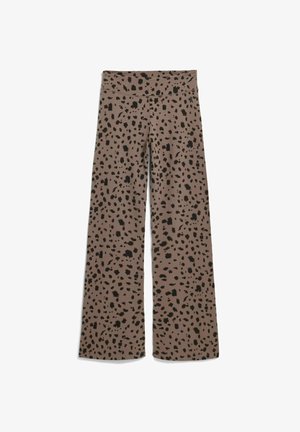 Wijdvallende broek in lichtbruine kleur met een zwart gespikkeld patroon. Gemaakt van een zacht, rekbaar materiaal met een hoge tailleband.