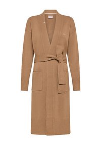 Cardigan in maglia marrone con design avvolgente, maniche lunghe, due tasche anteriori e una cintura coordinata in vita. Finitura testurizzata.