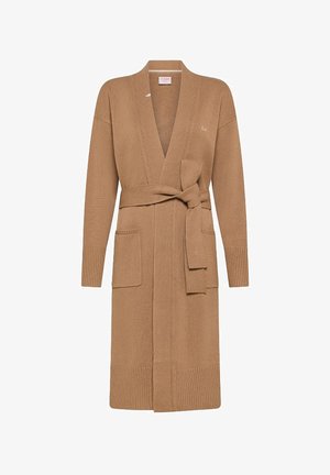 Cardigan in maglia marrone con design avvolgente, maniche lunghe, due tasche anteriori e una cintura coordinata in vita. Finitura testurizzata.