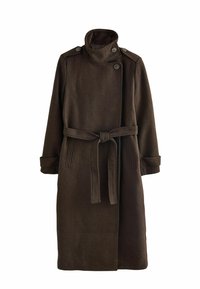 Cappotto lungo in misto lana marrone con colletto alto, chiusura a doppio petto con bottoni, tasche laterali e una cintura coordinata in vita.