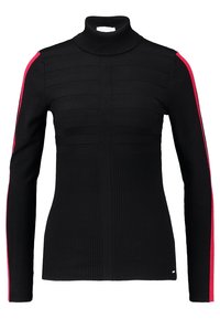 Jersey negro con canalé de cuello alto, con paneles texturizados y rayas magenta a lo largo de las mangas. Fabricado en una tela elástica para mayor comodidad.