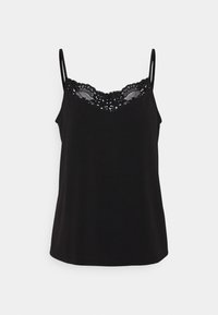 Czarny top na ramiączkach z cienkimi paskami i koronkowym dekoltem w kształcie falbany. Wykonany z miękkiego materiału o gładkiej fakturze, ma luźny krój.