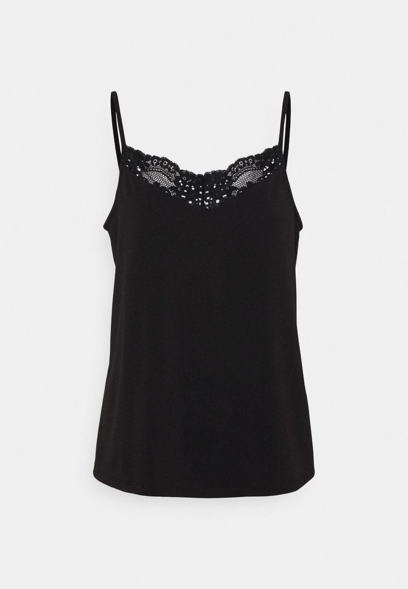 Czarny top na ramiączkach z cienkimi paskami i koronkowym dekoltem w kształcie falbany. Wykonany z miękkiego materiału o gładkiej fakturze, ma luźny krój.