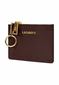 Porte-cartes en cuir marron avec une texture granulée, fermeture éclair dorée et attache pour clés. Présente le logo doré "LAZAROTTI" sur le devant.