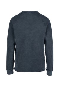 Sudadera de manga larga de color azul oscuro con tejido texturizado, mangas raglán y puños acanalados. Diseño simple y limpio, sin adornos.