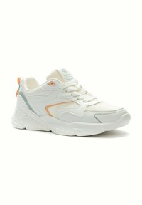 Weißer Sneaker mit pastellfarbenen Akzenten in Hellblau und Pfirsich. Verfügt über ein strukturiertes Mesh-Obermaterial, eine gepolsterte Sohle und eine Schnürung.