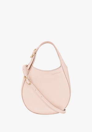 Pink leather handbag with a curved shape, textured surface, short handle, and an adjustable shoulder strap. Gold-tone hardware accents.