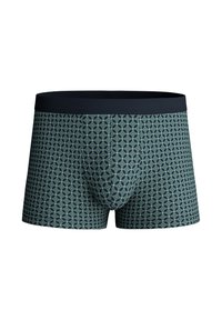 Groene boxershorts met een patroon, gemaakt van een gladde, rekbare stof. Ze hebben een zwarte elastische tailleband en geometrische ontwerpen in lichtere tinten.