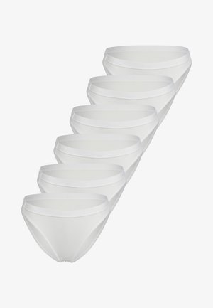 Caleçons en coton blanc, design sans coutures, ceinture élastique douce avec logo, texture lisse, présentés dans un ensemble de six paires identiques.