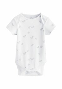 Short-sleeve white bodysuit with light gray duck print, made from soft cotton, featuring snap buttons at the bottom for easy diaper changes.