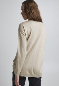 Maglione beige a maniche lunghe, texture lavorata a maglia, vestibilità ampia, polsini e orlo a coste, design classico con scollatura tonda. Indossato con pantaloni scuri, vista posteriore.