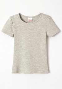 Camiseta de algodón gris claro con mangas cortas y cuello redondo. Tejido texturizado con un sutil patrón jaspeado.