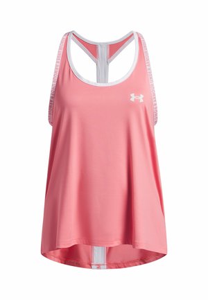 Pink athletic tank top with a relaxed fit, featuring a racerback design, white trim, and Under Armour logo on the front and strap.