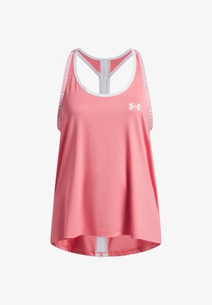 Canotta sportiva rosa con vestibilità comoda, design a racerback, bordi bianchi e logo Under Armour sul davanti e sulla spallina.