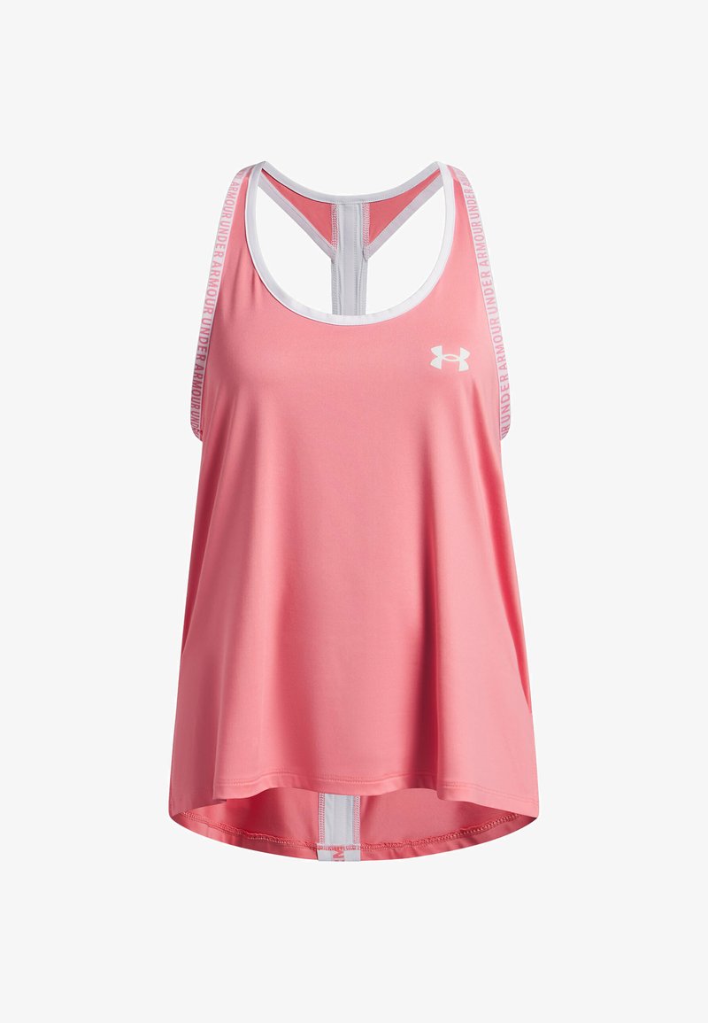 Débardeur de sport rose à coupe décontractée, avec un dos nageur, un bord blanc et le logo Under Armour sur le devant et la bretelle.