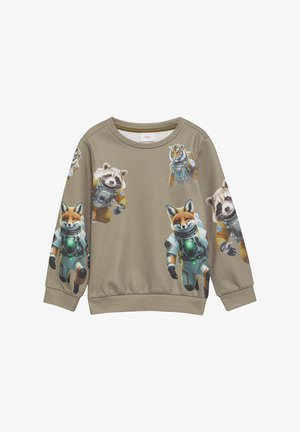 Jasnobrązowy sweatshirt z ilustracjami szopów i lisów w kombinezonach kosmicznych. Okrągły dekolt, ściągacze u dołu rękawów i na dole. Miękka tekstura materiału.