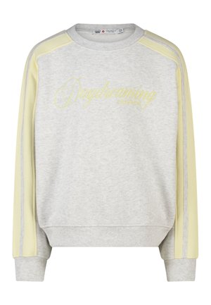 Sweat-shirt gris clair avec des rayures jaune pâle sur les manches et "Daydreaming Champion" brodé sur la poitrine en lettres jaunes.