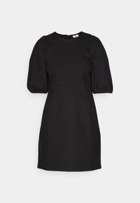 Czarna sukienka z bufkami, okrągłym dekoltem, dopasowanym fasonem i prostą spódnicą. Wykonana z jednolitego materiału, minimalne zdobienia, bez wzorów.