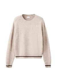 Maglione beige realizzato in morbido tessuto a maglia, con scollatura rotonda, maniche lunghe e strisce marroni a contrasto all'orlo e ai polsini.