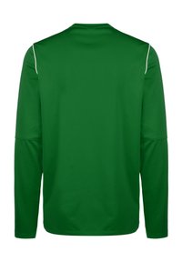 Langärmliges Shirt aus leuchtend grünem Stoff, mit rundem Halsauschnitt und weißen Akzentnähten an den Schultern. Glatte Textur, normale Passform.